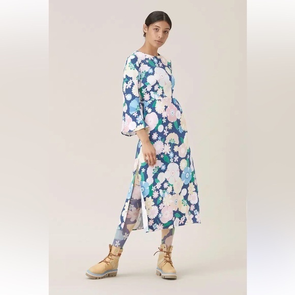 Stine Goya Antonia floral bell sleeve midi mod boho 60's 70's dress inSmall